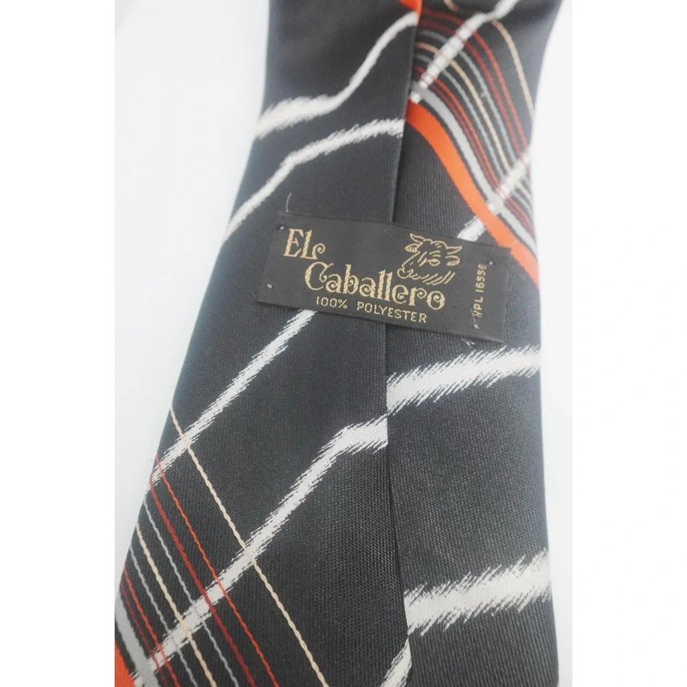 Vintage El Caballero Tie Black White Red Striped Art Deco Polyester‎